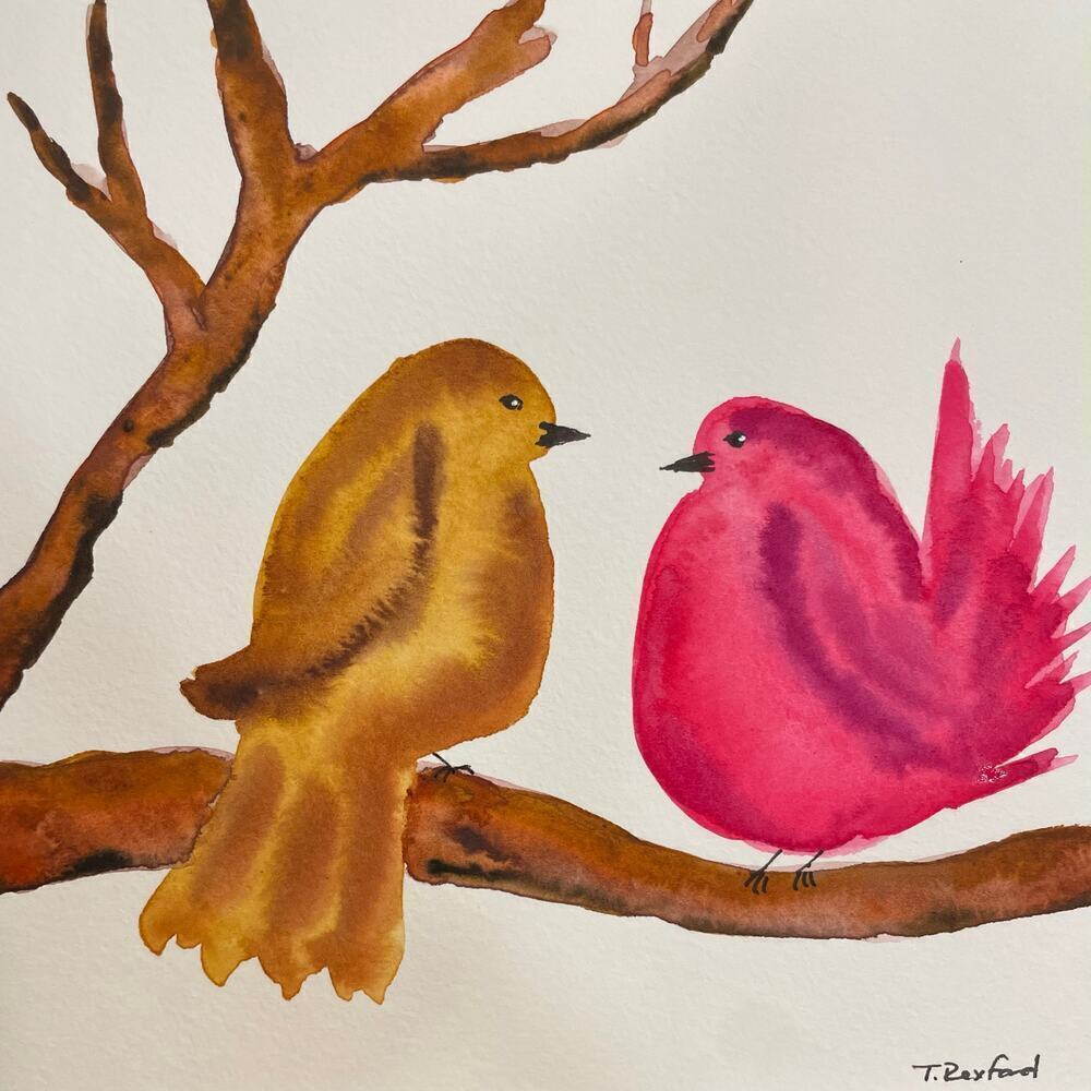 Hand painted watercolor original painting birds 6x6”